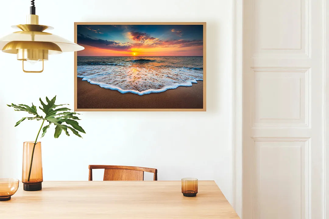 Metalen Magneetbord met afbeelding van zonsondergang over golvend strand in warm oranje en blauw kleuren