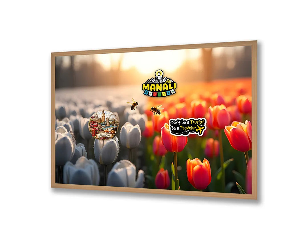 Metalen Magneetbord met hoogwaardige afbeelding van Tulpenveld wit rood zonsondergang voor aan de muur