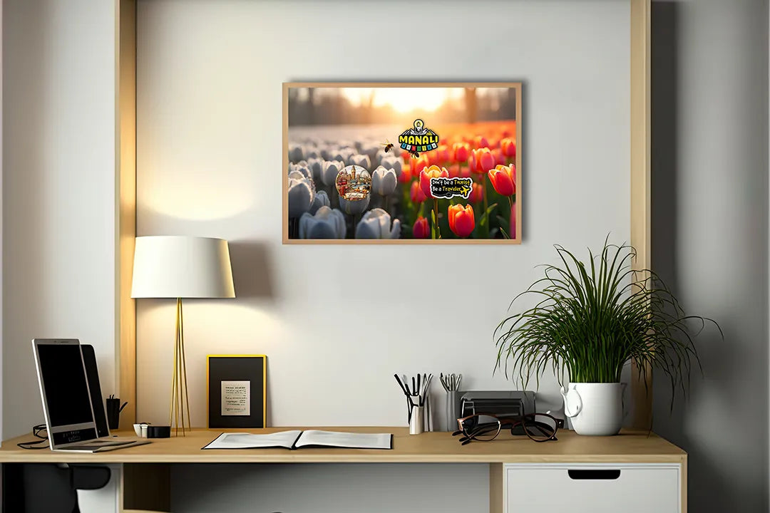 Metalen Magneetbord met hoogwaardige afbeelding van Tulpenveld wit rood zonsondergang voor aan de muur