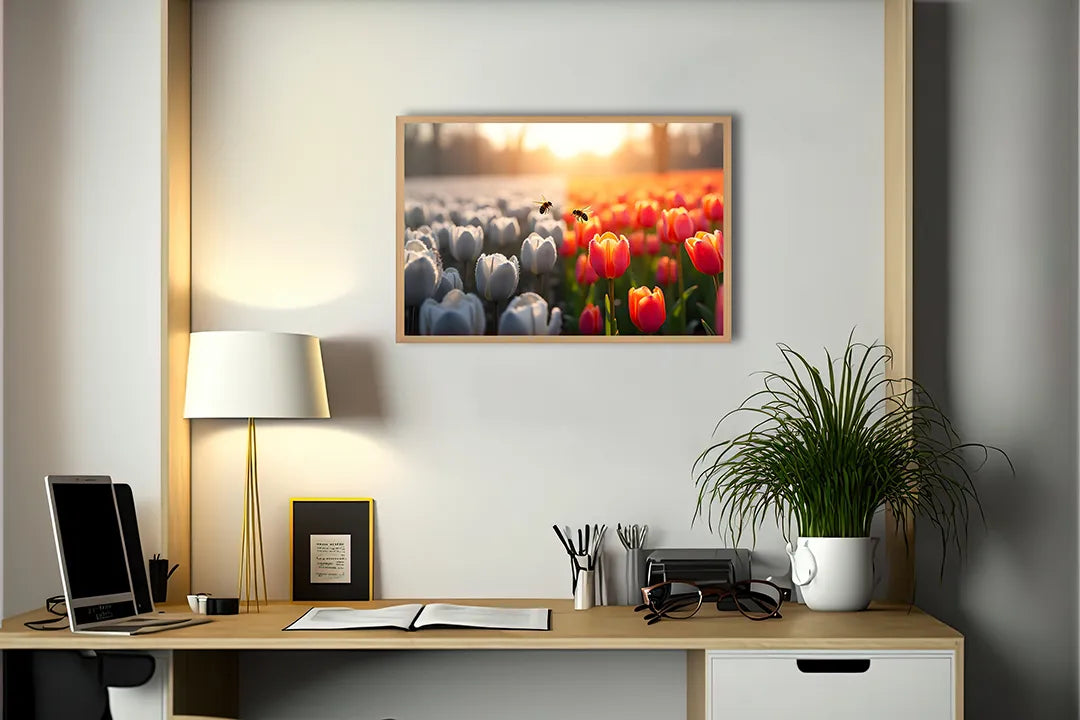 Metalen Magneetbord met hoogwaardige afbeelding van Tulpenveld wit rood zonsondergang voor aan de muur