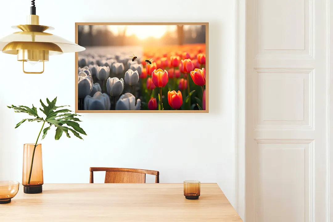 Metalen Magneetbord met hoogwaardige afbeelding van Tulpenveld wit rood zonsondergang voor aan de muur