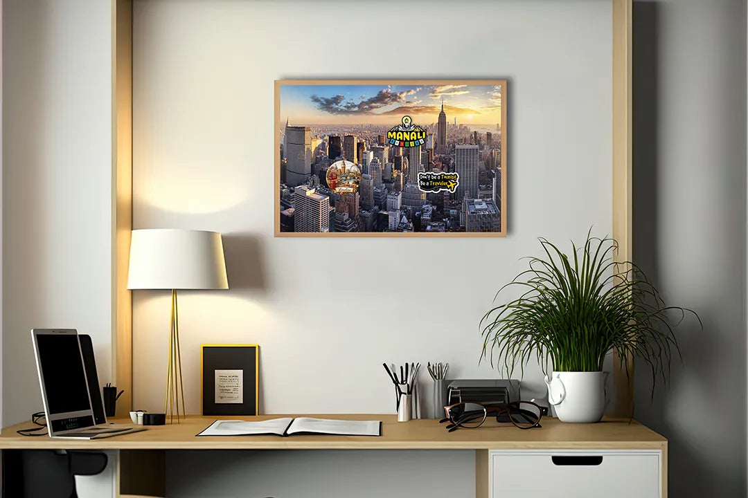 Metalen Magneetbord met afbeelding van New York skyline bij zonsondergang in goud en stadsblauw kleuren