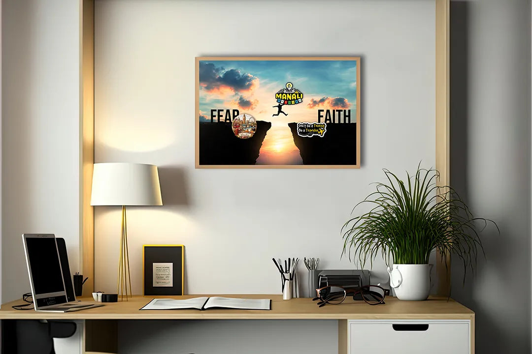 Metalen Magneetbord met hoogwaardige afbeelding van Silhouet sprong fear faith voor aan de muur
