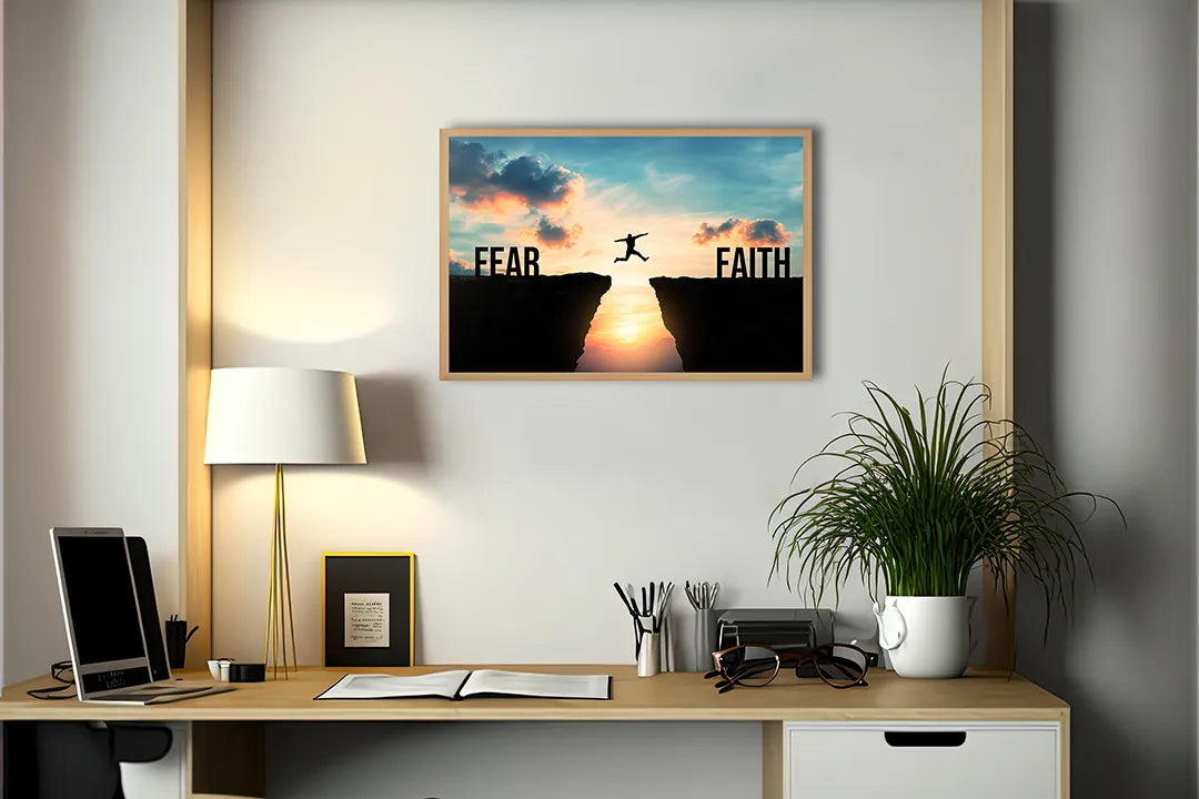 Metalen Magneetbord met hoogwaardige afbeelding van Silhouet sprong fear faith voor aan de muur