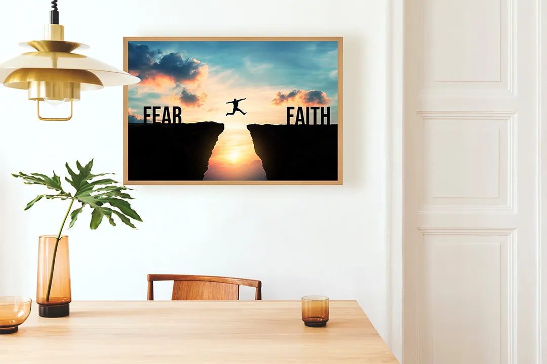 Metalen Magneetbord met hoogwaardige afbeelding van Silhouet sprong fear faith voor aan de muur
