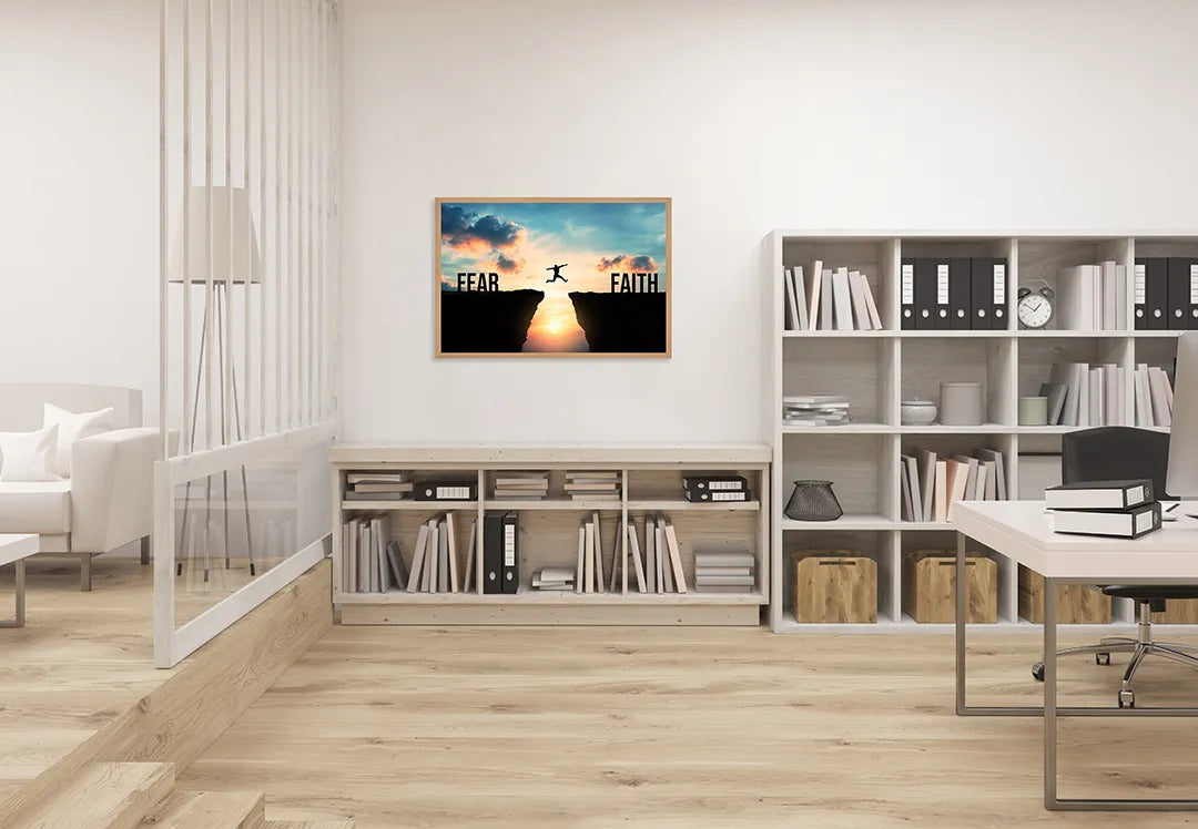 Metalen Magneetbord met hoogwaardige afbeelding van Silhouet sprong fear faith voor aan de muur