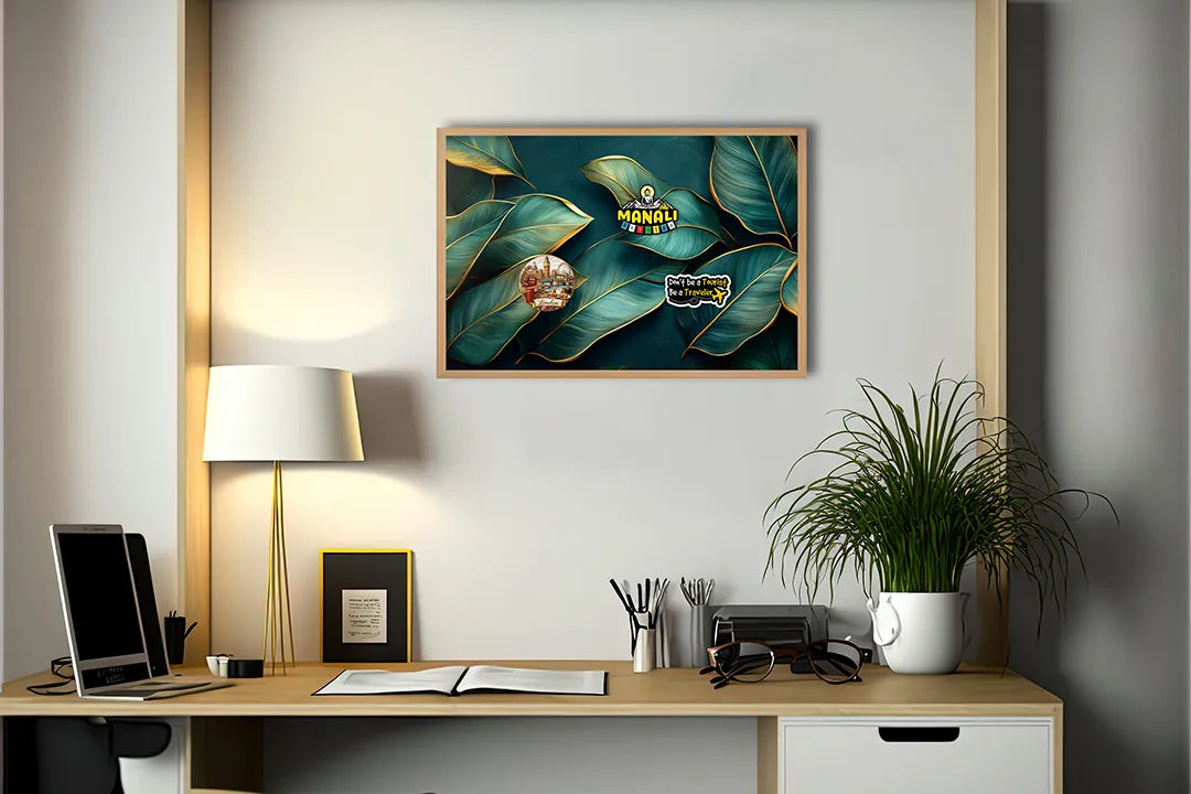 Metalen Magneetbord met hoogwaardige afbeelding van Gouden groene bladeren voor aan de muur