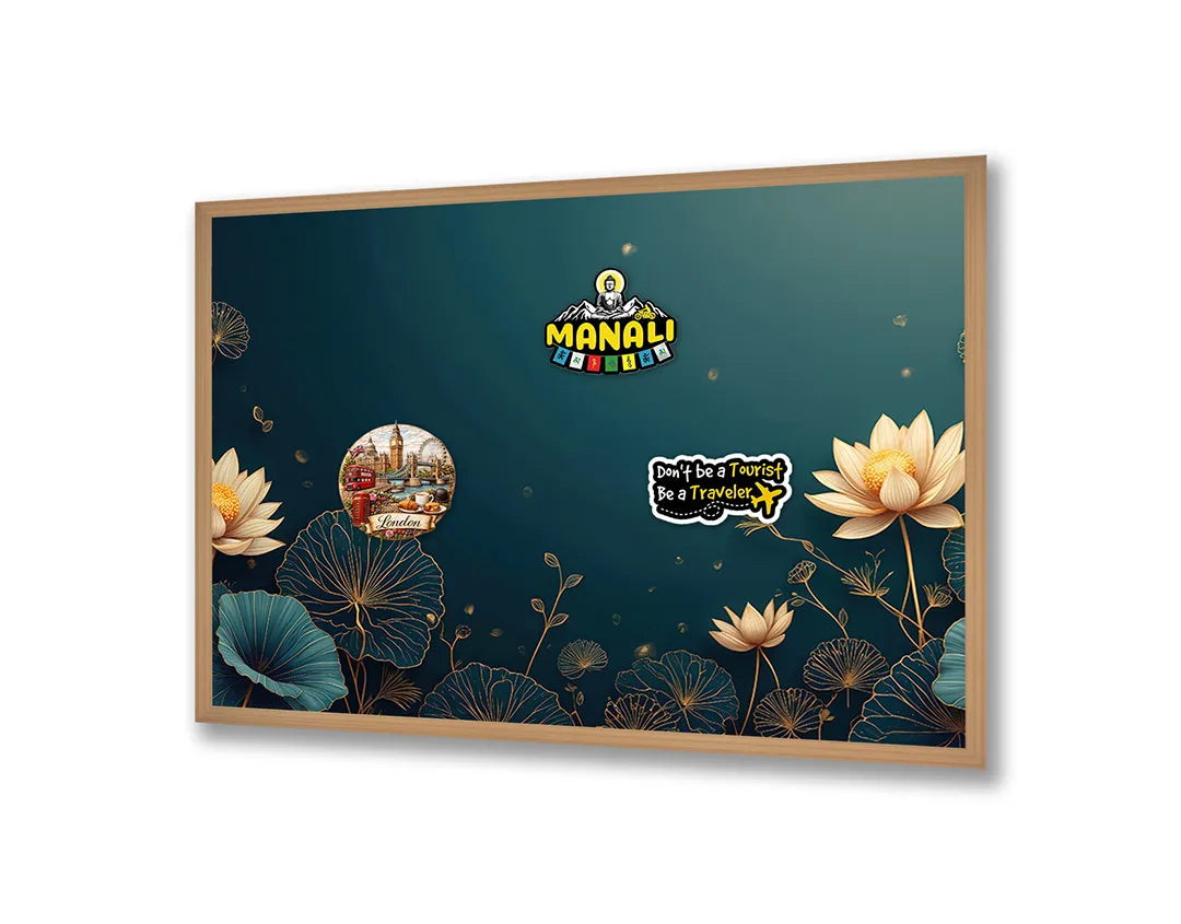Metalen Magneetbord met hoogwaardige afbeelding van Gouden lotusbloemen blauw voor aan de muur