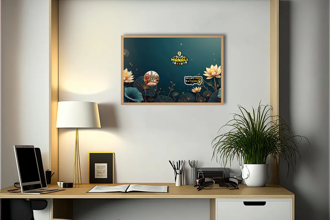 Metalen Magneetbord met hoogwaardige afbeelding van Gouden lotusbloemen blauw voor aan de muur