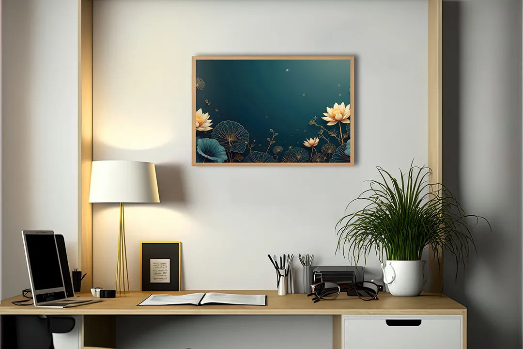 Metalen Magneetbord met hoogwaardige afbeelding van Gouden lotusbloemen blauw voor aan de muur