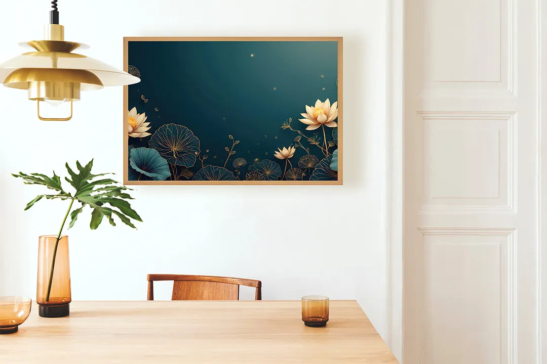 Metalen Magneetbord met hoogwaardige afbeelding van Gouden lotusbloemen blauw voor aan de muur