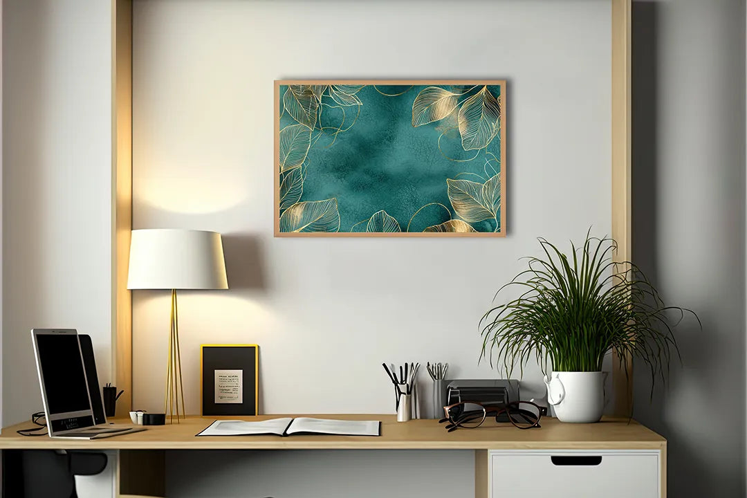 Metalen Magneetbord met hoogwaardige afbeelding van Gouden bladeren op donkergroen voor aan de muur
