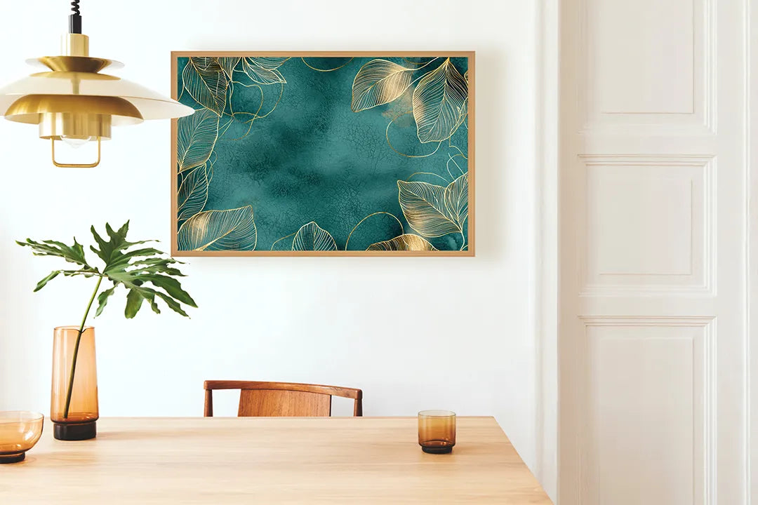 Metalen Magneetbord met hoogwaardige afbeelding van Gouden bladeren op donkergroen voor aan de muur