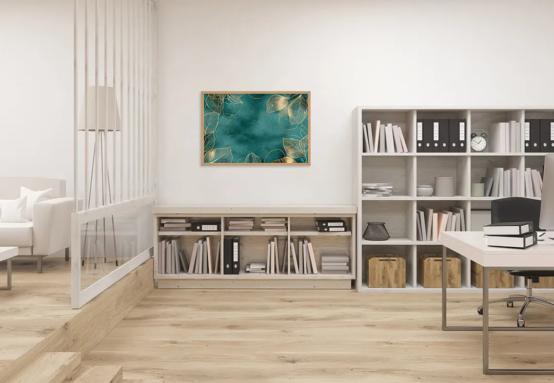 Metalen Magneetbord met hoogwaardige afbeelding van Gouden bladeren op donkergroen voor aan de muur