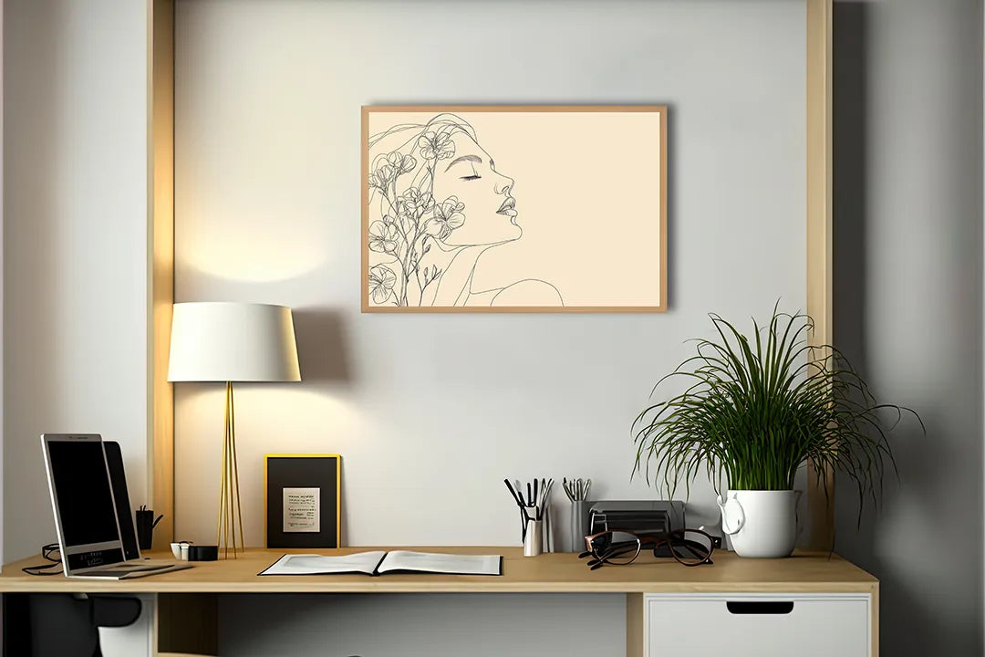 Metalen Magneetbord met hoogwaardige afbeelding van Minimalistisch vrouwengezicht bloemen voor aan de muur