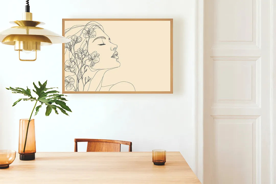 Metalen Magneetbord met hoogwaardige afbeelding van Minimalistisch vrouwengezicht bloemen voor aan de muur