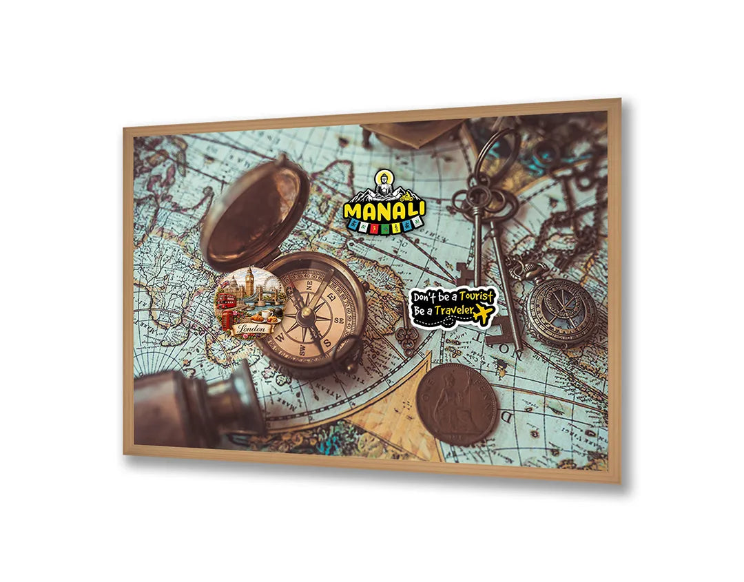 Metalen Magneetbord met afbeelding van vintage wereldkaart met oude kompassen in klassiek sepia kleuren