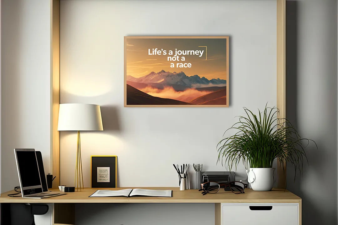 Metalen Magneetbord met hoogwaardige afbeelding van Lifes a journey not a race bergen voor aan de muur