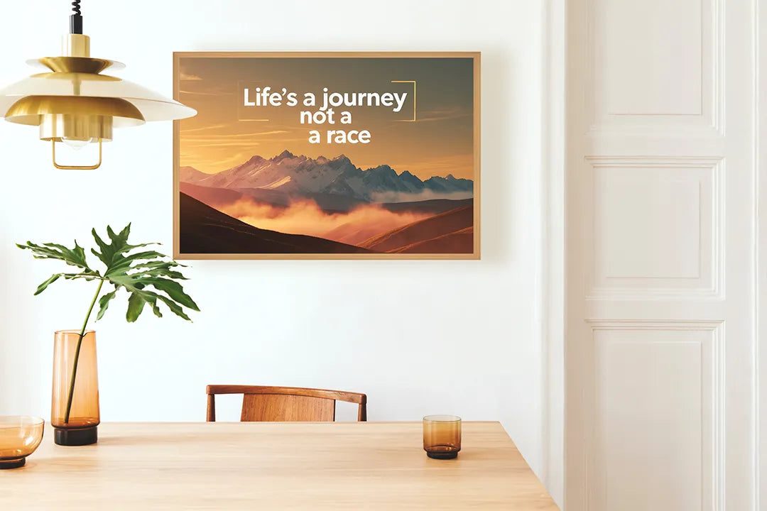 Metalen Magneetbord met hoogwaardige afbeelding van Lifes a journey not a race bergen voor aan de muur