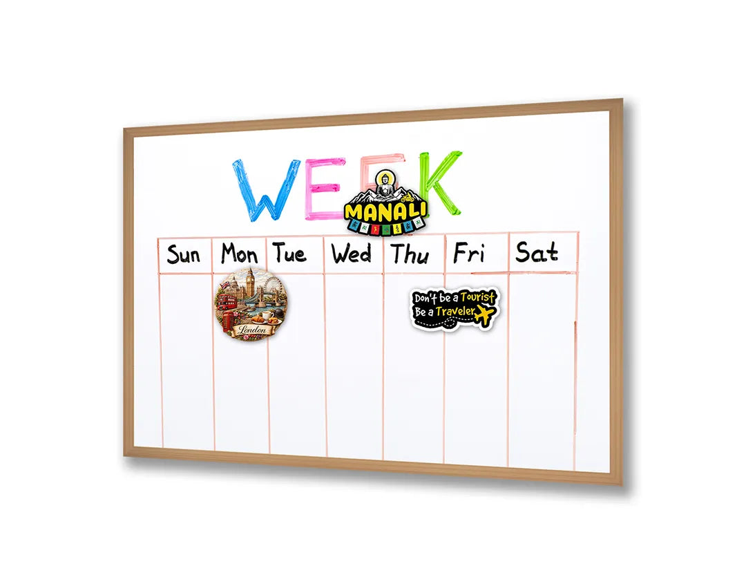 Metalen Magneetbord met afbeelding van kleurrijke weekplanner in regenboog accenten op wit kleuren