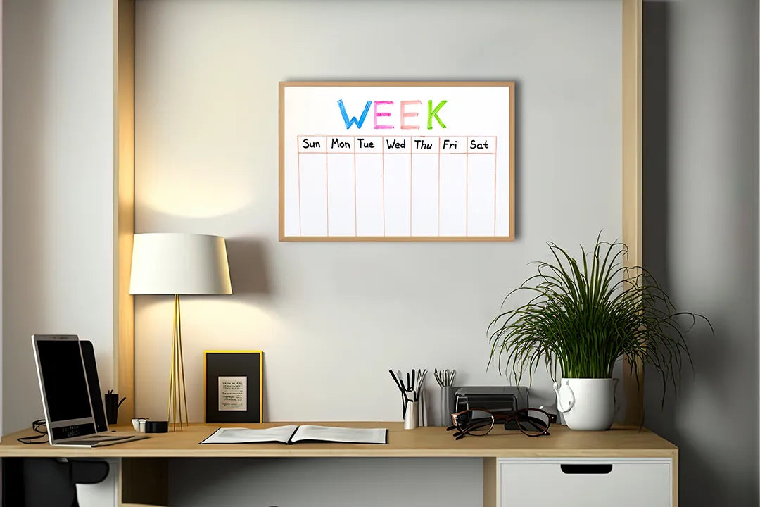 Metalen Magneetbord met afbeelding van kleurrijke weekplanner in regenboog accenten op wit kleuren