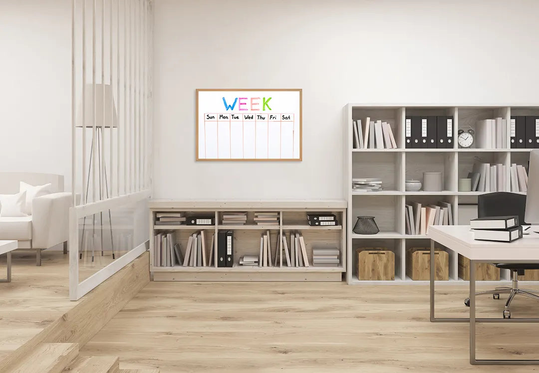 Metalen Magneetbord met afbeelding van kleurrijke weekplanner in regenboog accenten op wit kleuren