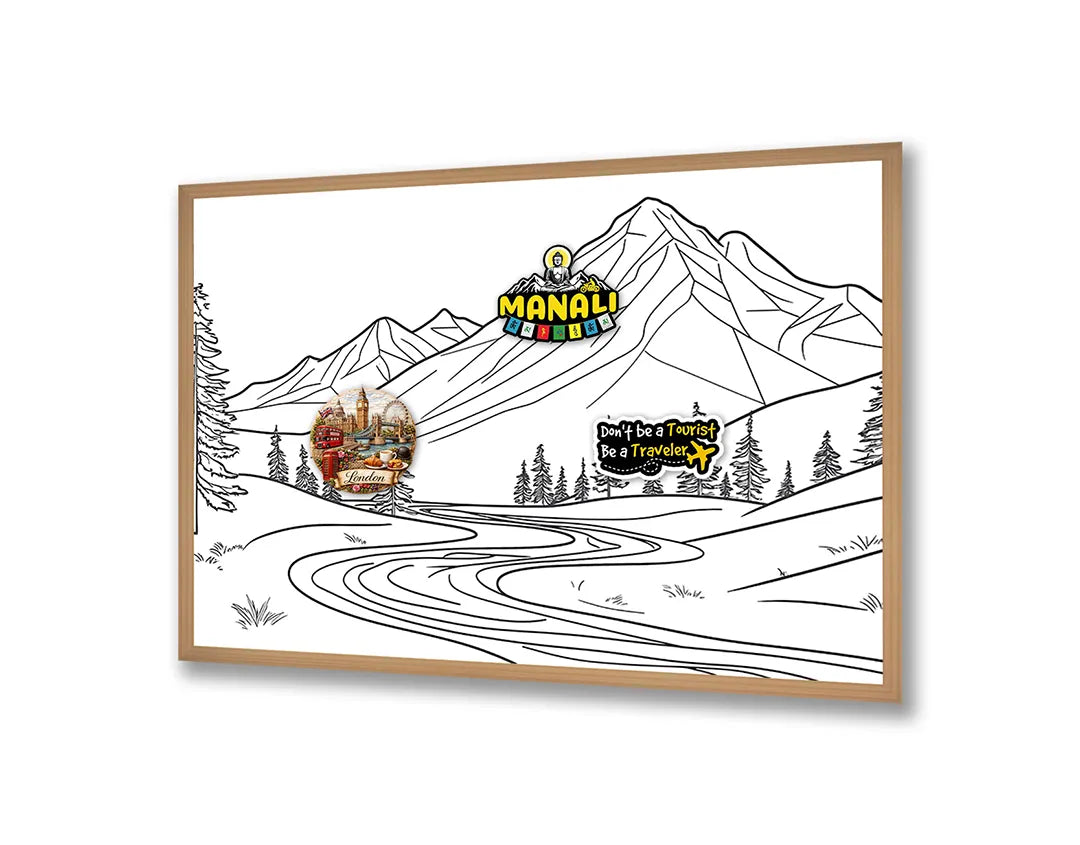 Metalen Magneetbord met hoogwaardige afbeelding van Berglandschap lijntekening voor aan de muur