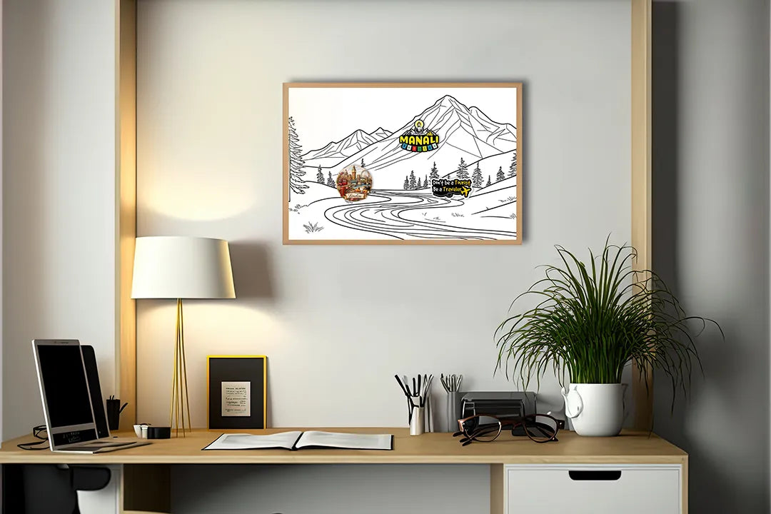Metalen Magneetbord met hoogwaardige afbeelding van Berglandschap lijntekening voor aan de muur