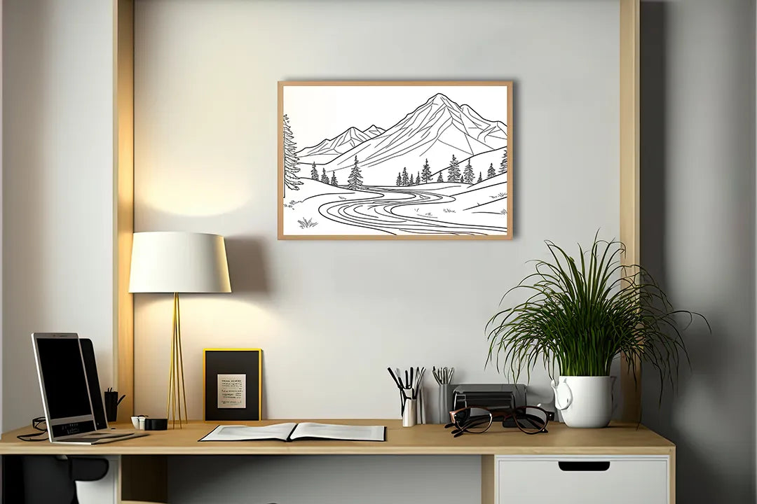 Metalen Magneetbord met hoogwaardige afbeelding van Berglandschap lijntekening voor aan de muur