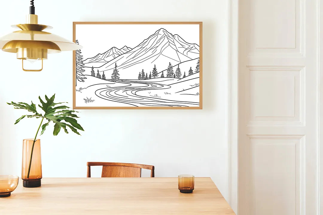 Metalen Magneetbord met hoogwaardige afbeelding van Berglandschap lijntekening voor aan de muur