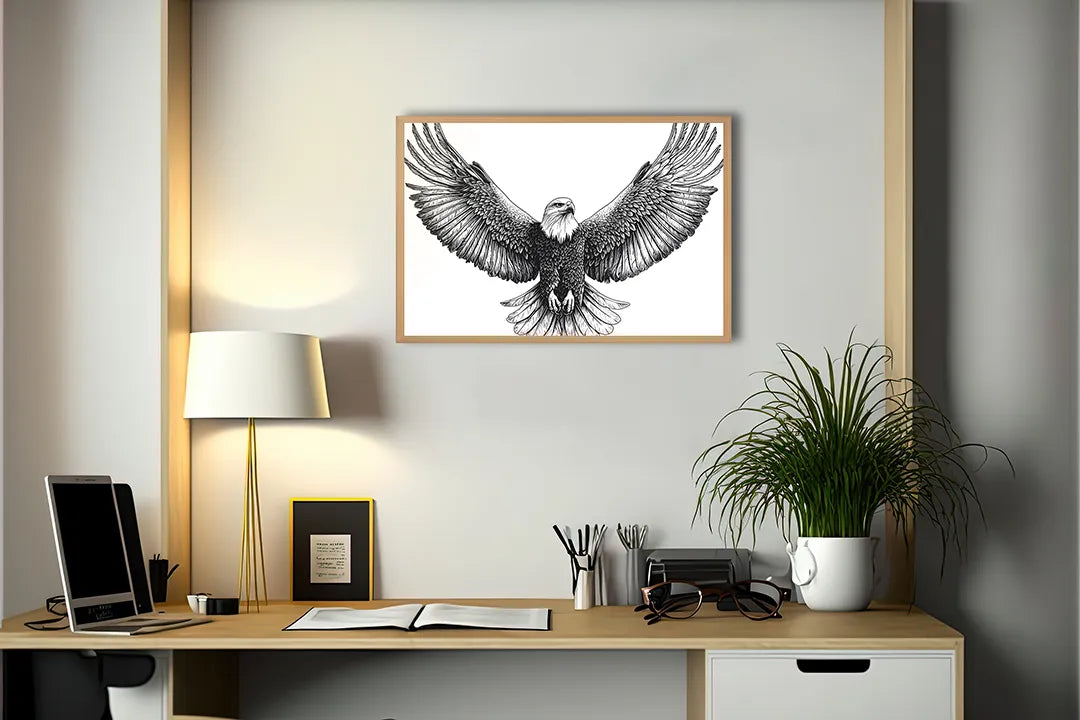 Metalen Magneetbord met hoogwaardige afbeelding van Vliegende adelaar zwart wit voor aan de muur