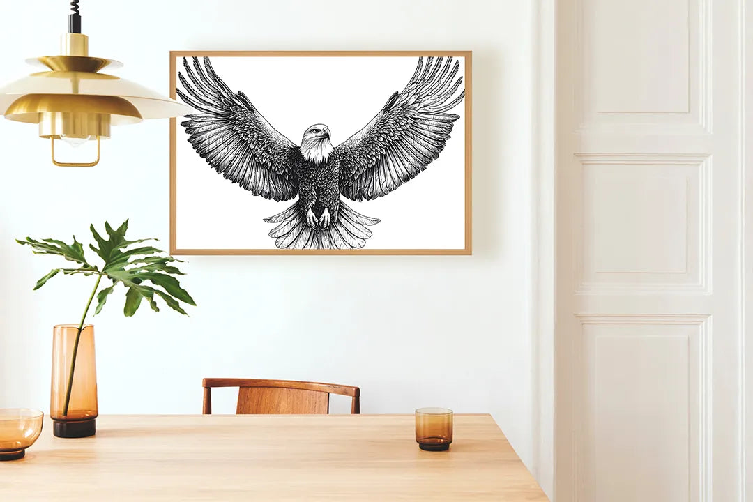 Metalen Magneetbord met hoogwaardige afbeelding van Vliegende adelaar zwart wit voor aan de muur