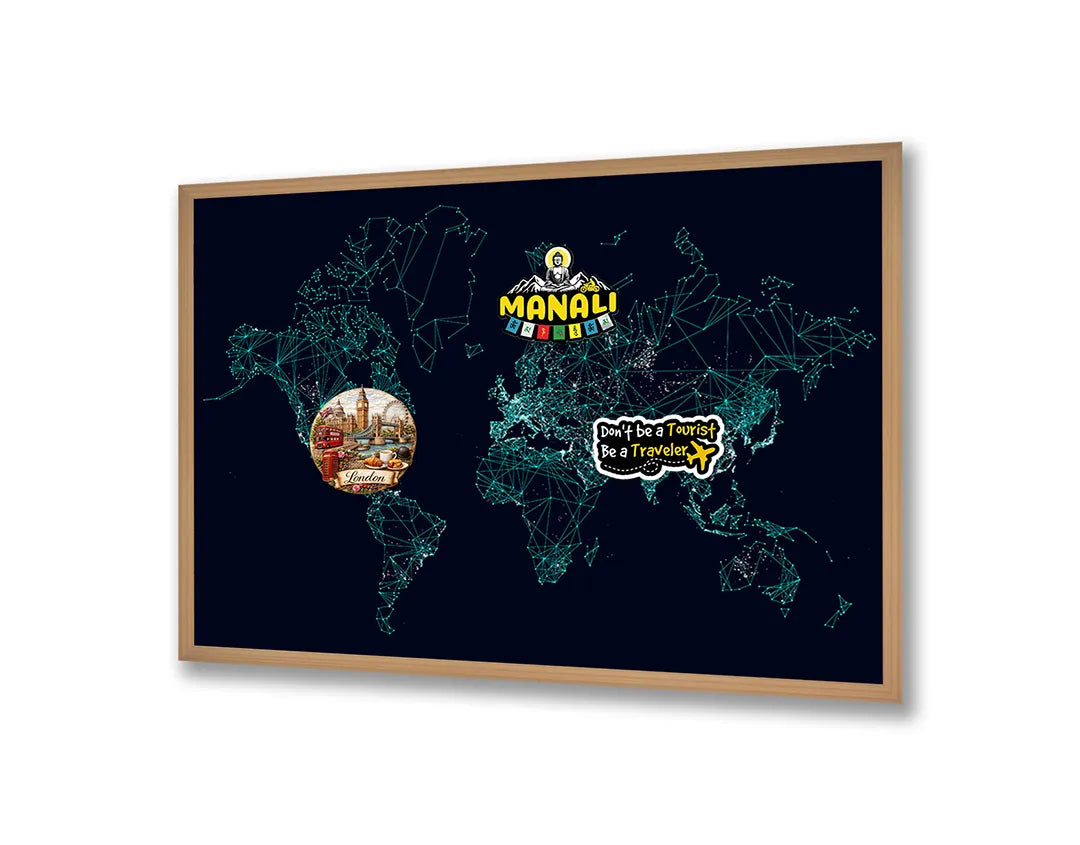 Metalen Magneetbord met afbeelding van blauwe lichtgevende wereldkaart stippen in donker met neon blauw kleuren