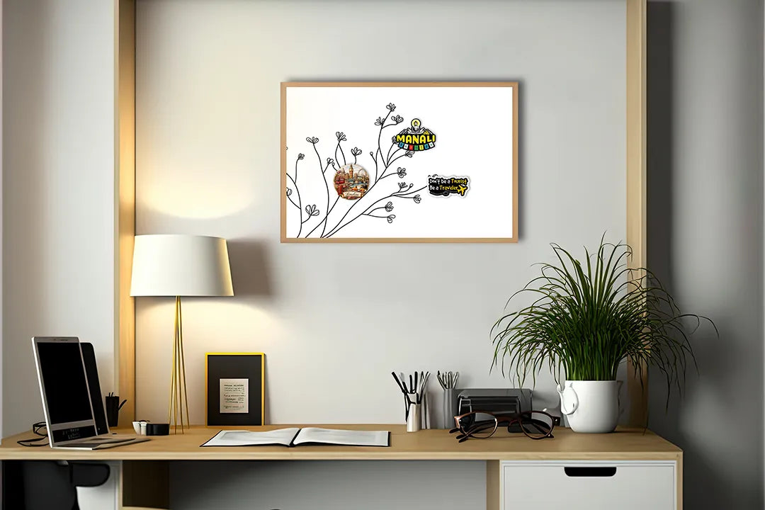 Metalen Magneetbord met hoogwaardige afbeelding van Fijne takjes met bloemen lijntekening voor aan de muur