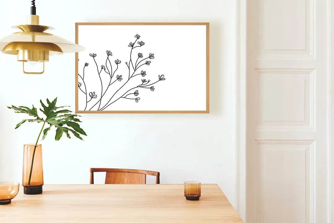 Metalen Magneetbord met hoogwaardige afbeelding van Fijne takjes met bloemen lijntekening voor aan de muur