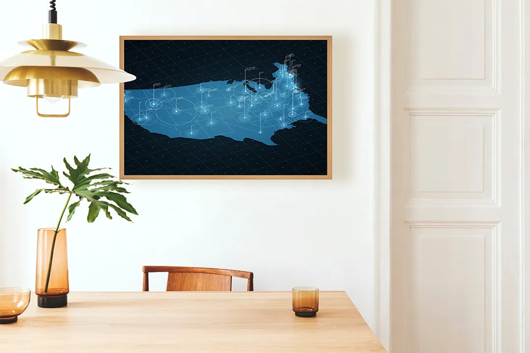 Metalen Magneetbord met afbeelding van USA landkaart met lichtnetwerk in blauw op donker kleuren