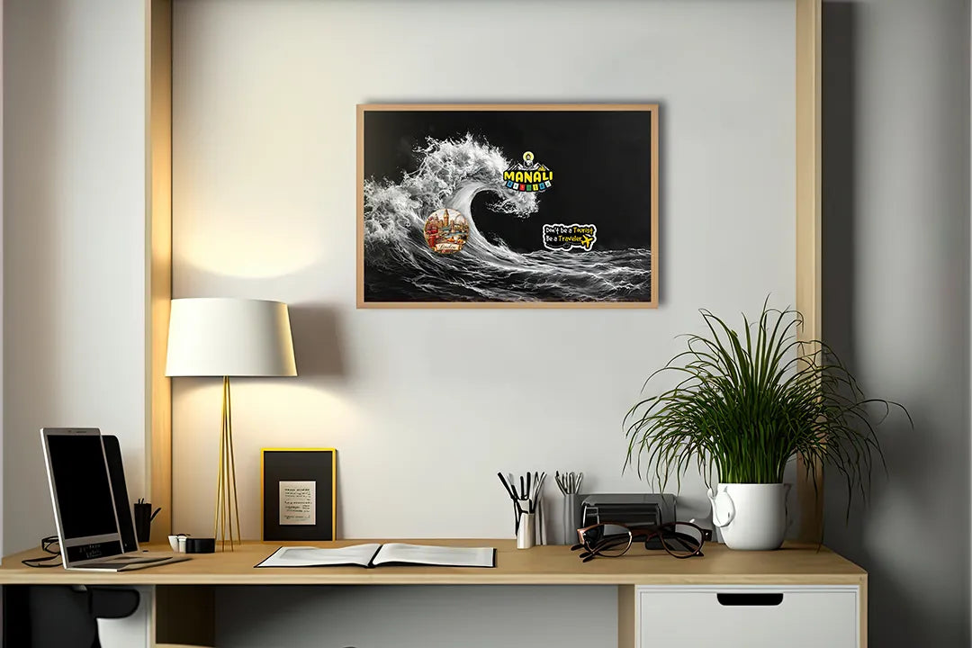 Metalen Magneetbord met hoogwaardige afbeelding van Grote oceaan golf zwart wit voor aan de muur