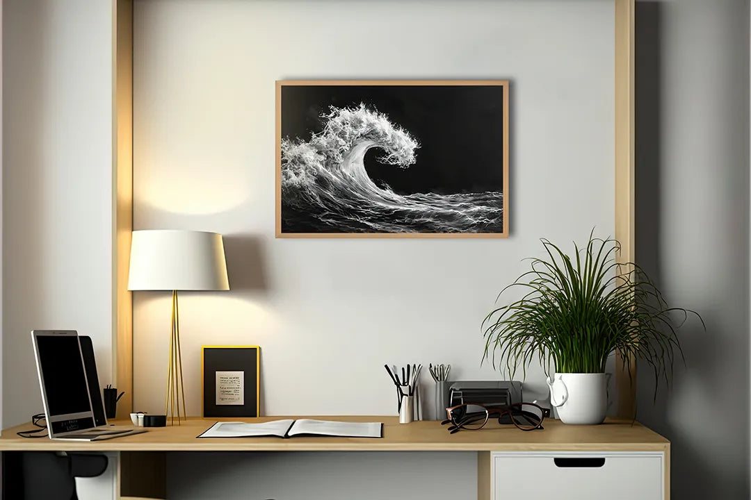 Metalen Magneetbord met hoogwaardige afbeelding van Grote oceaan golf zwart wit voor aan de muur