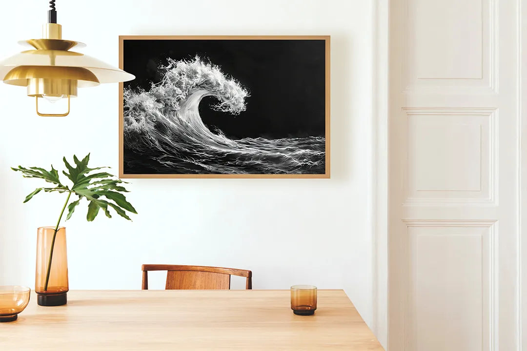 Metalen Magneetbord met hoogwaardige afbeelding van Grote oceaan golf zwart wit voor aan de muur