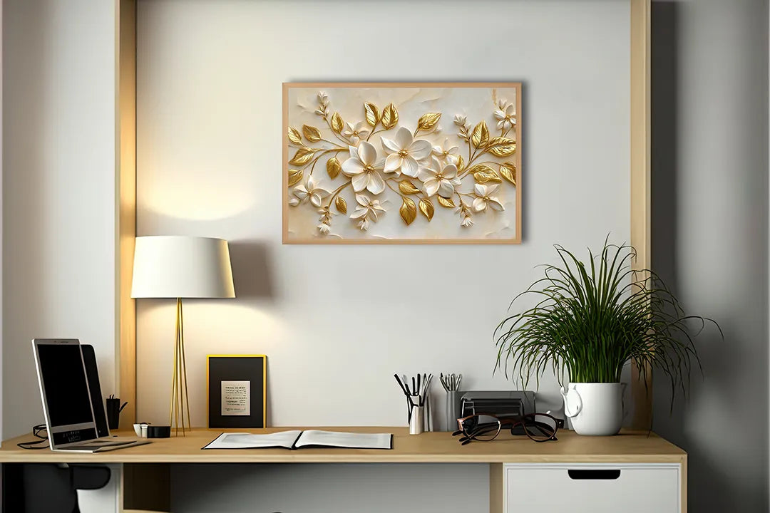 Metalen Magneetbord met hoogwaardige afbeelding van Gouden bloemen relief 3D voor aan de muur