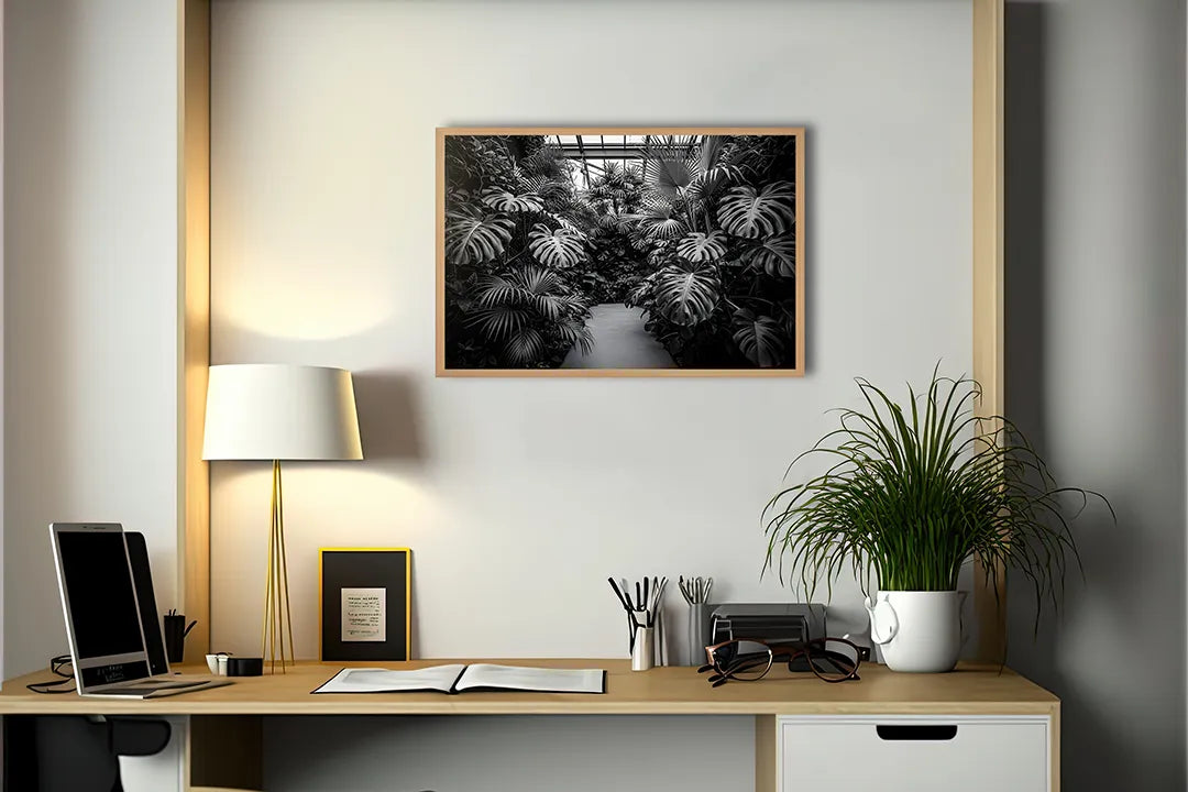 Metalen Magneetbord met hoogwaardige afbeelding van Tropische bladeren kas zwart wit voor aan de muur