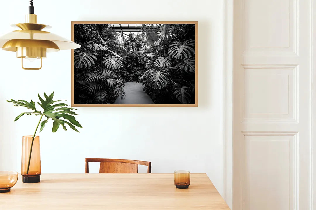 Metalen Magneetbord met hoogwaardige afbeelding van Tropische bladeren kas zwart wit voor aan de muur