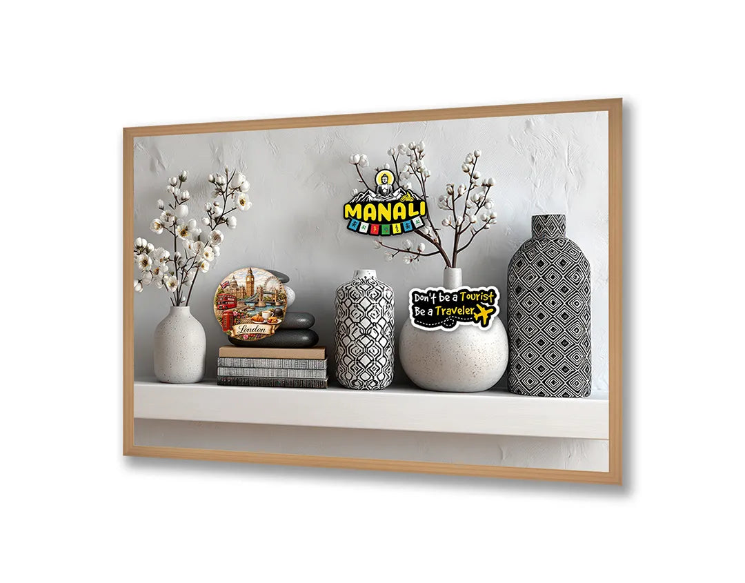 Metalen Magneetbord met hoogwaardige afbeelding van Vazen met planten op plank interieur voor aan de muur