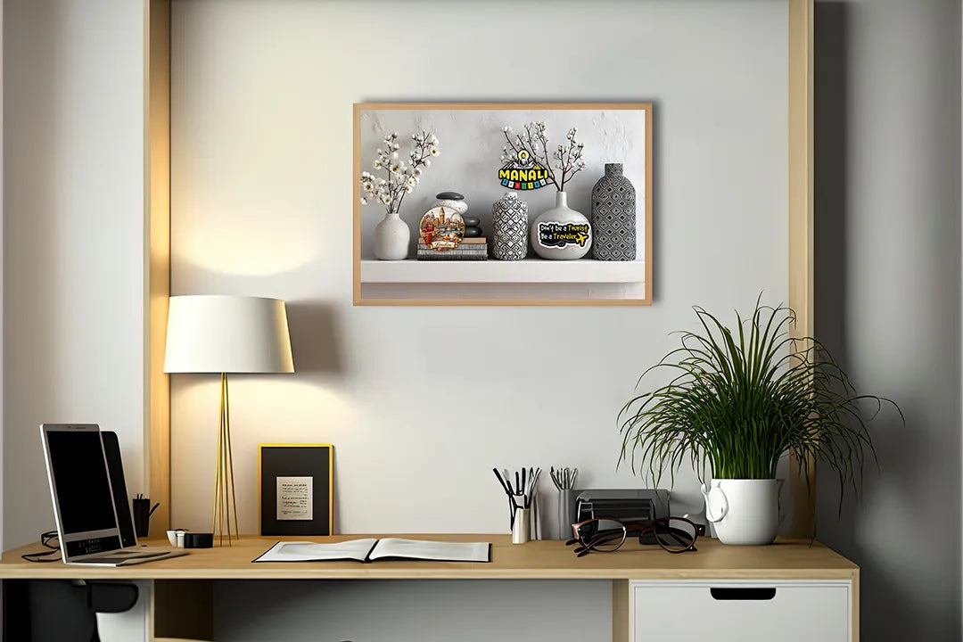 Metalen Magneetbord met hoogwaardige afbeelding van Vazen met planten op plank interieur voor aan de muur
