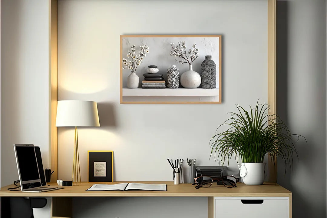Metalen Magneetbord met hoogwaardige afbeelding van Vazen met planten op plank interieur voor aan de muur