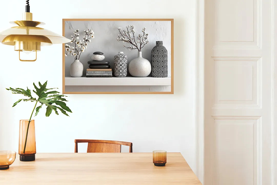 Metalen Magneetbord met hoogwaardige afbeelding van Vazen met planten op plank interieur voor aan de muur