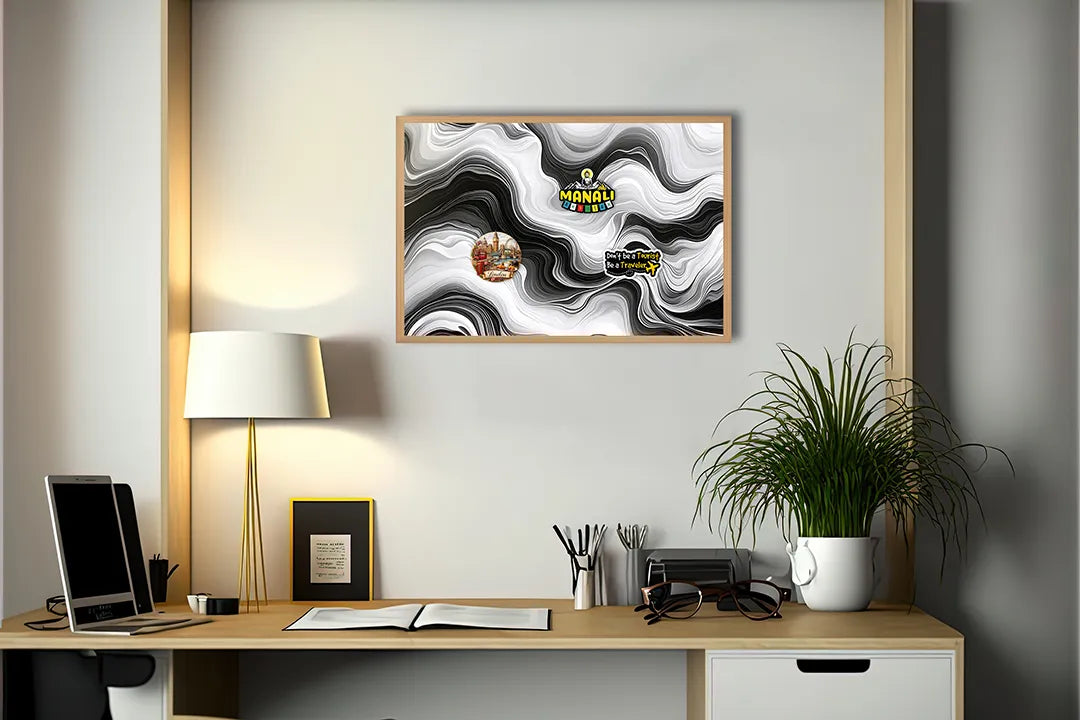 Metalen Magneetbord met hoogwaardige afbeelding van Zwart wit abstracte golven vloeistof voor aan de muur