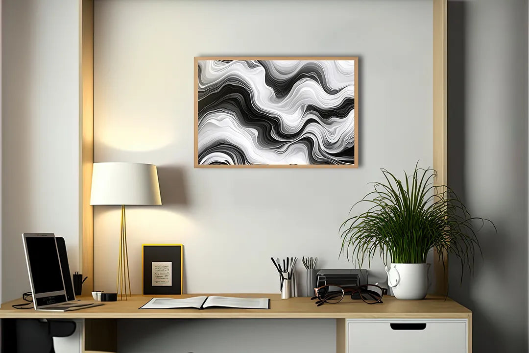 Metalen Magneetbord met hoogwaardige afbeelding van Zwart wit abstracte golven vloeistof voor aan de muur