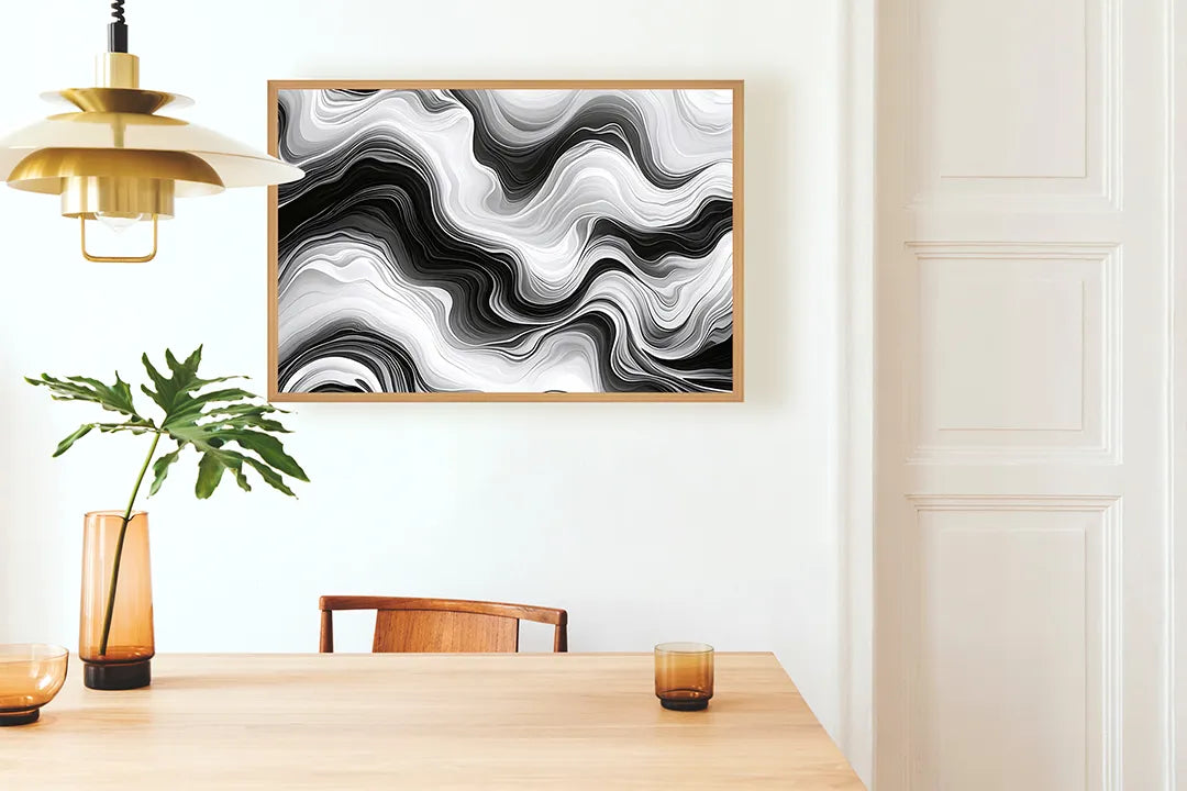 Metalen Magneetbord met hoogwaardige afbeelding van Zwart wit abstracte golven vloeistof voor aan de muur