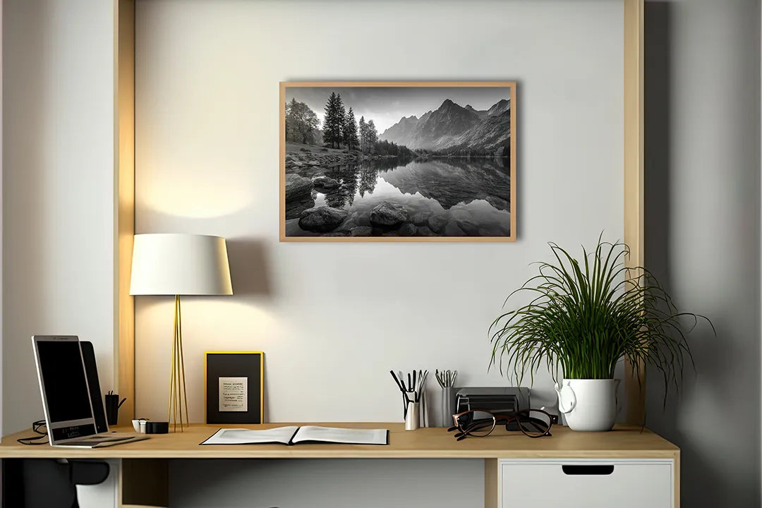Metalen Magneetbord met hoogwaardige afbeelding van Bergmeer weerspiegeling zwart wit voor aan de muur